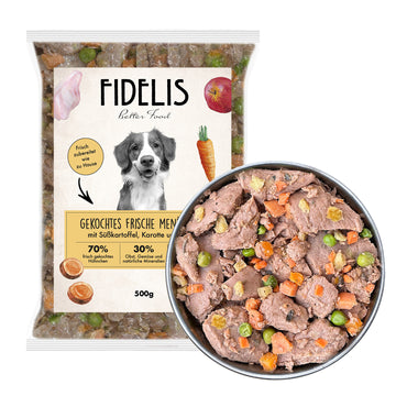 gekochtes Frische-Menü Huhn mit Süßkartoffel, Karotte und Kürbis (500g)